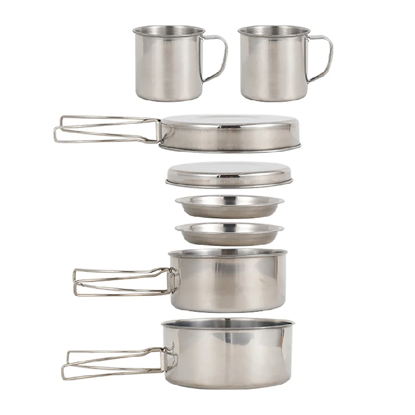 Camping Cooking Gear Set - 8-teiliges Camping-Kochgeschirr-Set aus Edelstahl mit Töpfen,