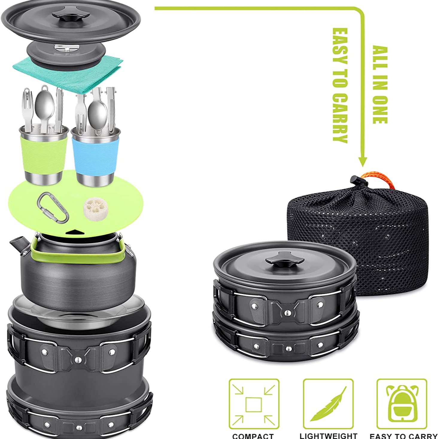 Camping Cooking Gear Set - Outdoor-Camping-Kochset mit Kessel, 304 Edelstahl-Geschirr, Leichtes