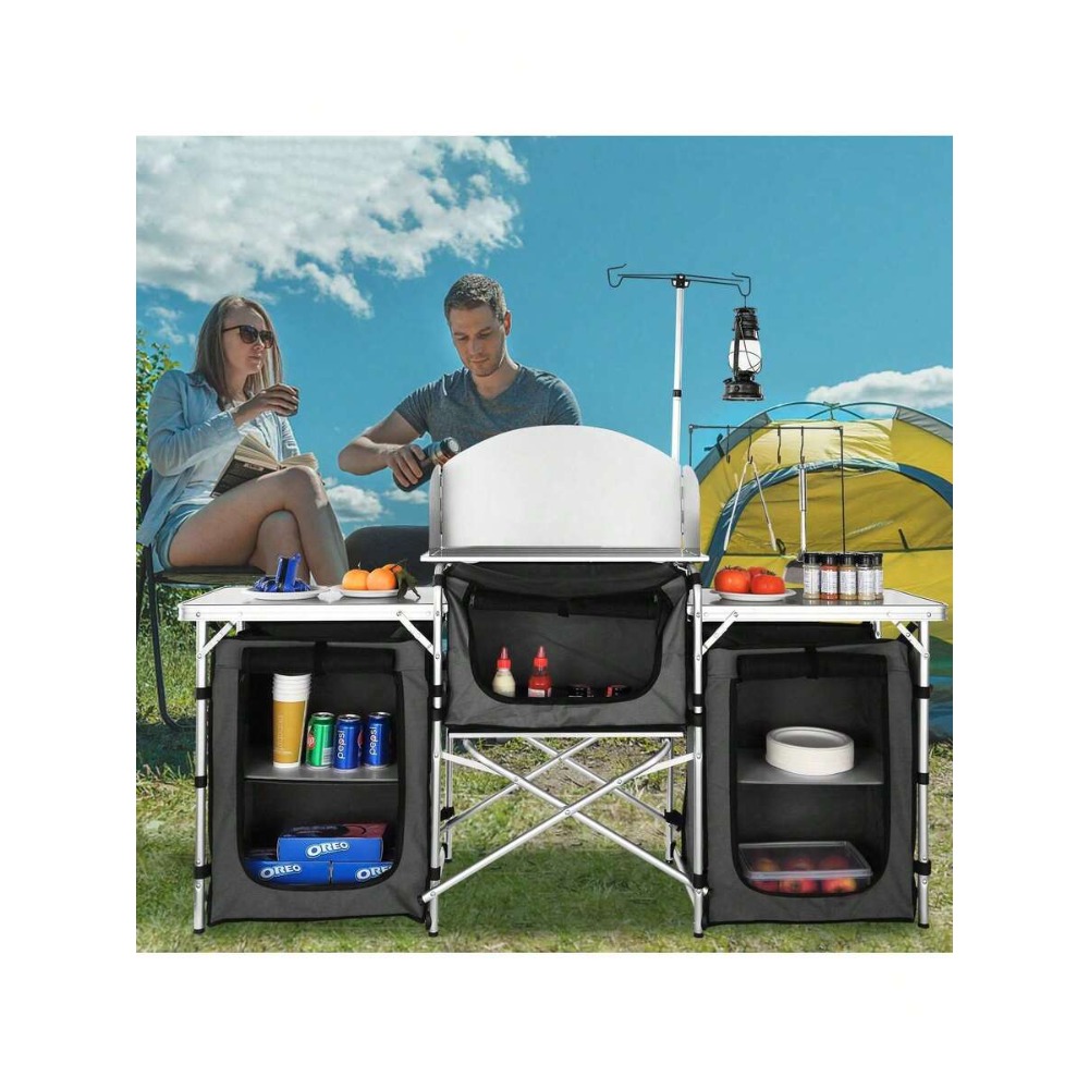 Camping Cooking Must Haves - Klappbarer Camping-Küchentisch mit 3 Schränken und