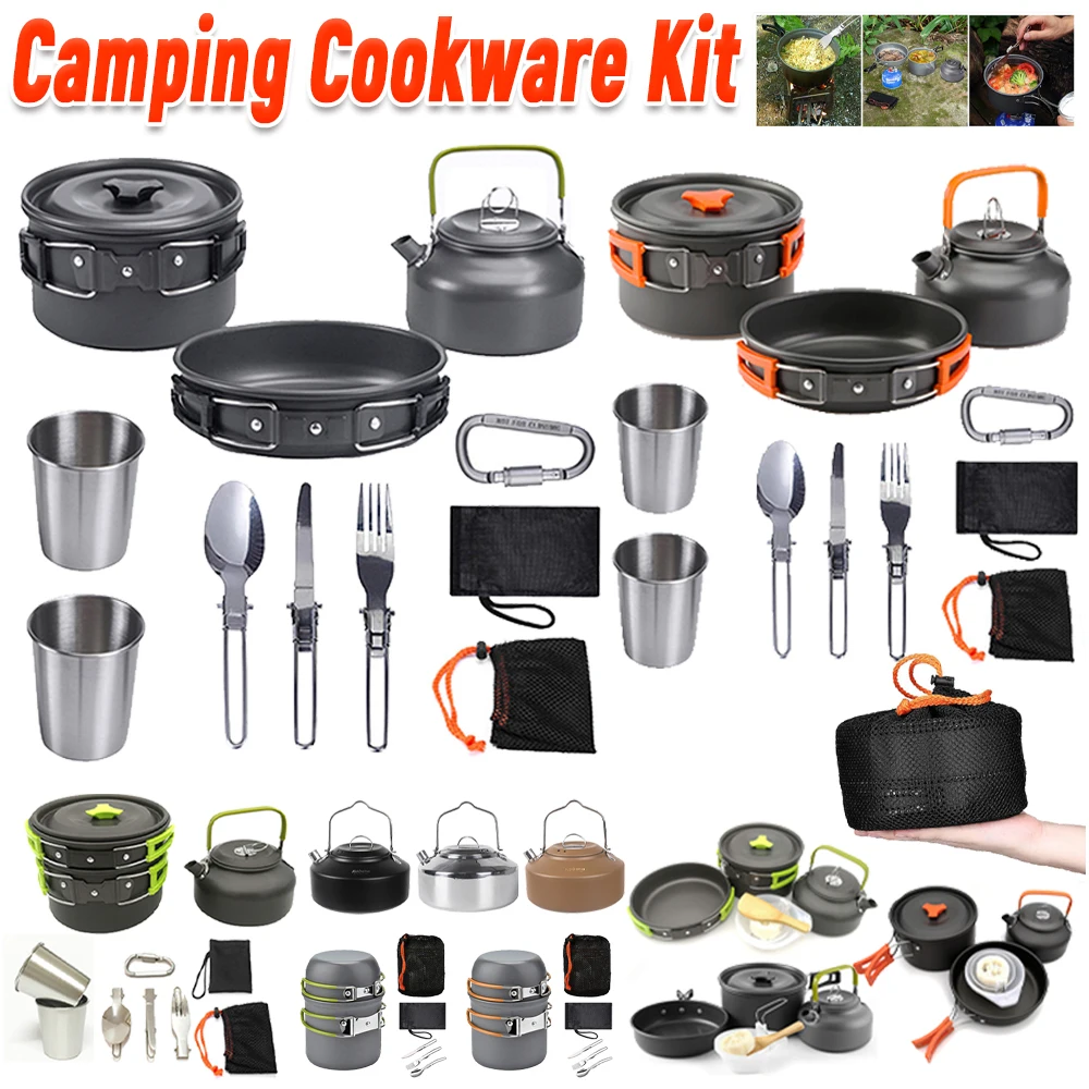 Camping Cooking Pots And Pans - Camping-Kochgeschirr-Set, Wasserkocher, Topf, Pfanne, Kochset, tragbar,