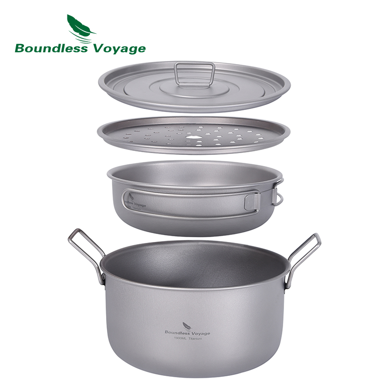 Camping Cooking Gear Set - Boundless Voyage Camping-Kochtopf, multifunktionaler Titan-Dampfgarer, Suppentopf,